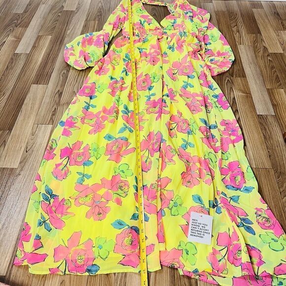 ASOS Design Sz 8 UK12 Soft Shirred Waist Open Back Maxi Dress Yellow Pink Floral - Picture 13 of 16